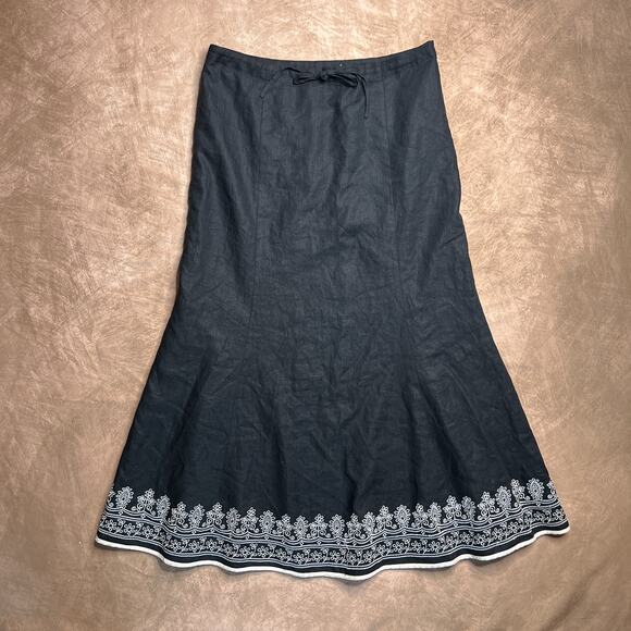 Richard Malcolm Irish Linen Black Floral Embroidered Peasant Skirt Trumpet Flare - Picture 6 of 6